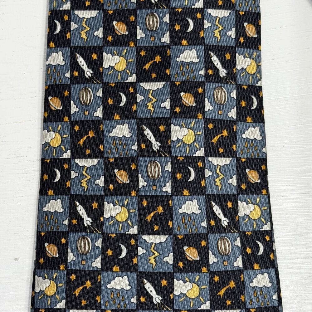 HERMES 7803 Silk Neck Tie 56”x3.5” Blue Rocket Hot Air Balloon Planet Stars EUC - Picture 2 of 5